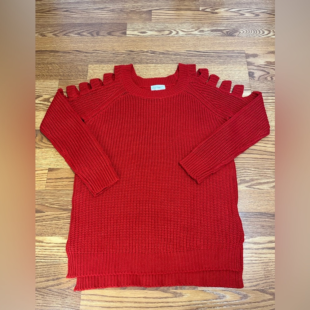 Questions? Cherry Red Cold Shoulders Sweater Size S